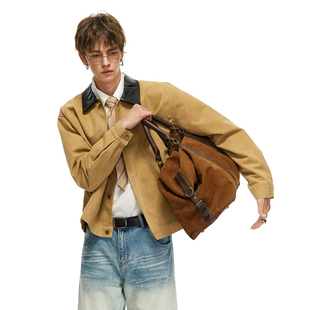 男道新款美式珠地纹棉布拼色领时尚个性外套潮牌男士硬挺夹克