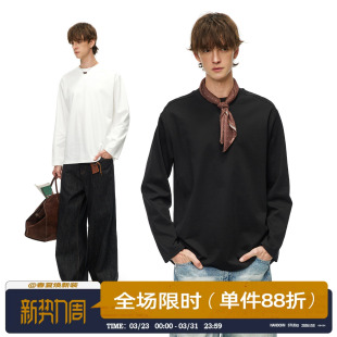 美式 男春季 宽松圆领内搭上衣 T恤衫 男道简约240G重磅纯色打底长袖