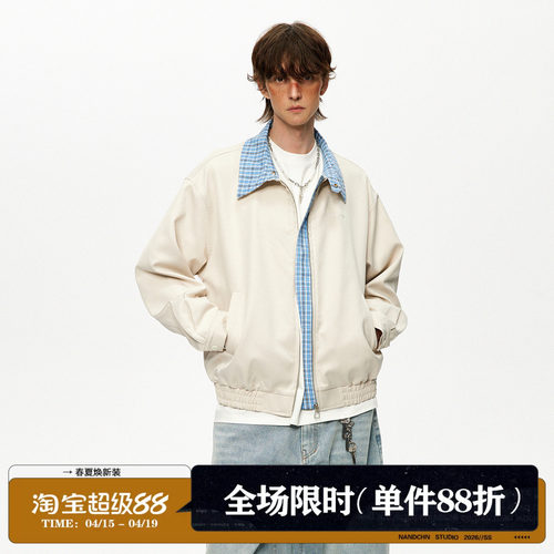 男道美式复古格纹撞色拼接假两件翻领夹克男春季宽松休闲百搭外套