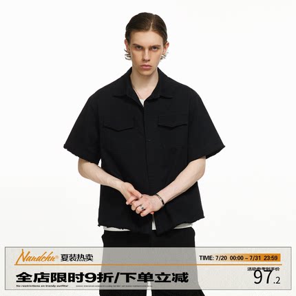 男道美式毛边短袖衬衫男2025夏新款工装口袋宽松百搭翻领上衣潮