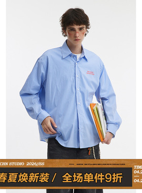 男道美式复古字母印花条纹长袖衬衫男女蓝色情侣慵懒休闲防晒衬衣