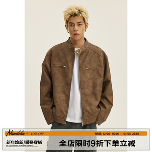 痞帅宽松休闲翻领外套上衣 新款 男道美式 街头机车皮衣夹克男24秋季