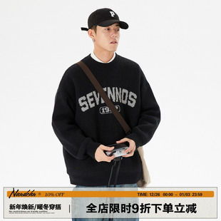 男道秋冬季 毛线衣潮 复古字母提花毛衣男圆领慵懒风宽松保暖打底衫