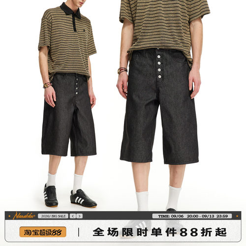 男道2026新款美式复古原色七分牛仔裤男直筒阔腿夏季潮流牛仔短裤