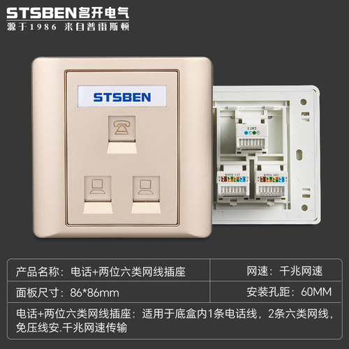金色电话带两位千兆网络面板插座