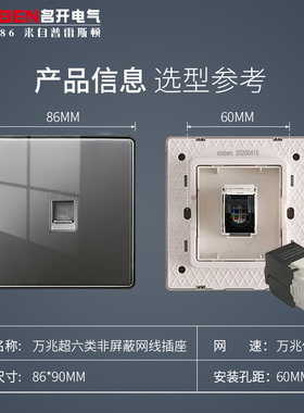 86型暗装万兆网络面板有机玻璃灰色CAT6A超六类非屏蔽网线插座