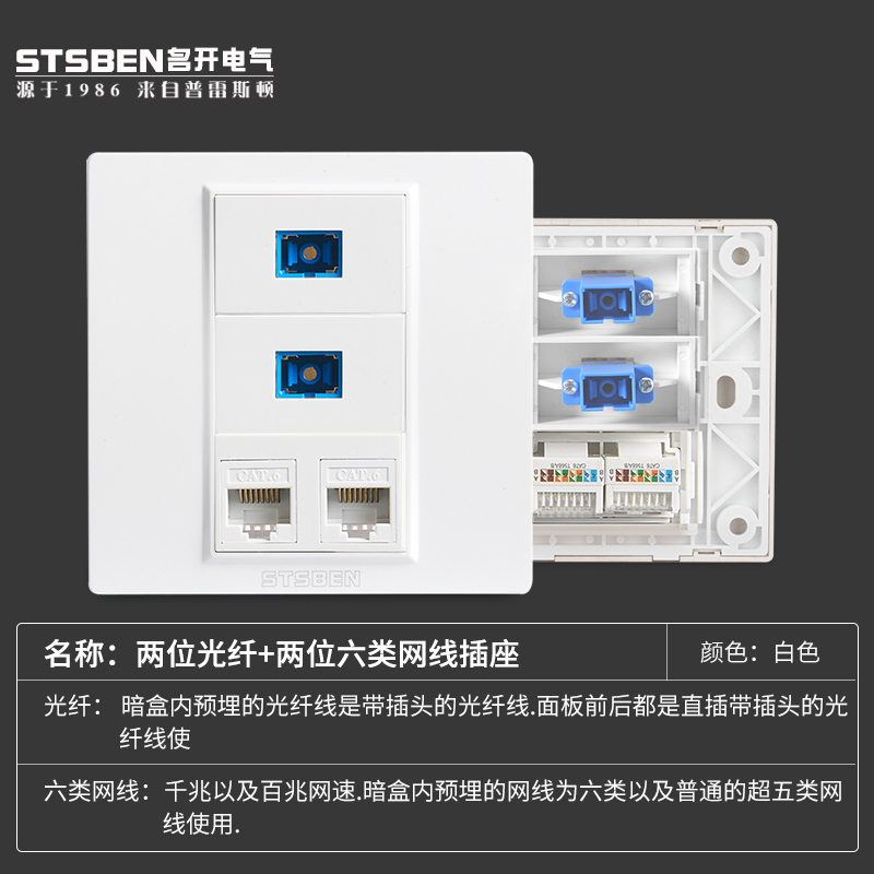 86型双口千兆网络带双光纤面板 两位光纤+两位六类网线电脑插座