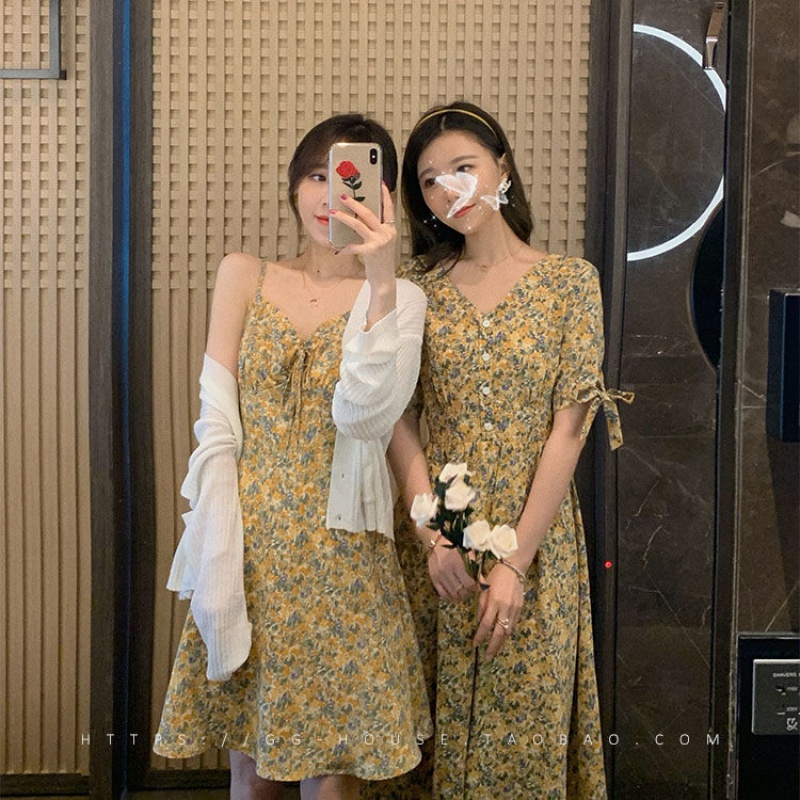 Drawstring zipper French Chiffon floral dress feminine long drawstring skirt