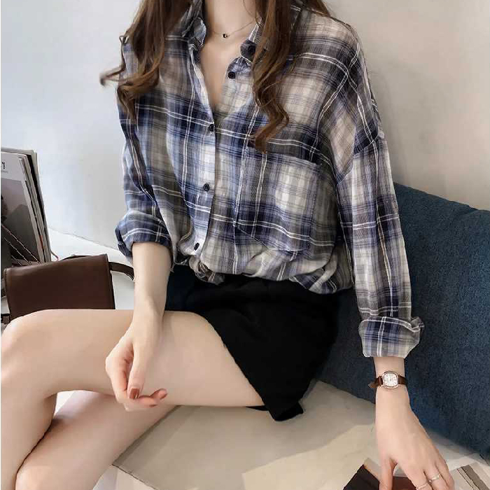 Spring and summer sunscreen clothes women's new fashion western style Plaid thin coat Shirt Long Sleeve Shirt