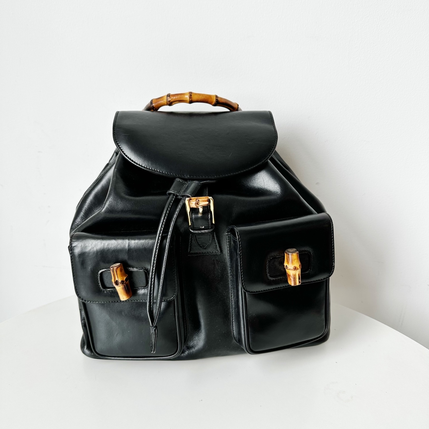 全原装97新 中古GUCCI古奇竹节黑色全牛皮双肩包杨采钰同款30*31