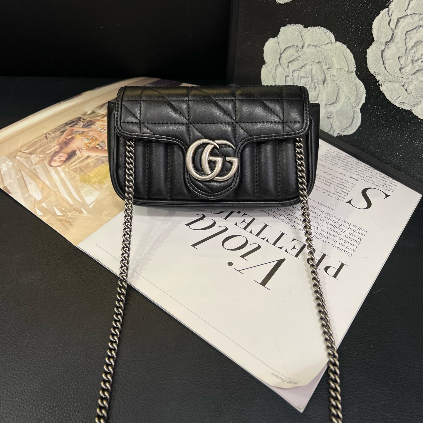 全原装98新二手Gucci 黑银mini马蒙链条斜挎包16.5*9*4.5公价8700