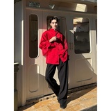 新款暗纹红色飘逸长袖衬衫新中式立领气质上衣A452--6550--P125，男装衬衫，电商A452