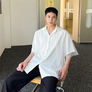 夏季新中式盘扣网纱假两件短袖衬衫潮流休闲半袖A452--6369--P85图片
