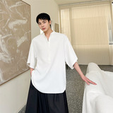 华夫格立领宽松衬衣复古风休闲百搭大袖半袖上衣A452--6359--P65，男装T恤，电商A452