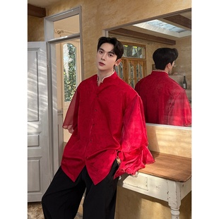 暗纹红色飘逸长袖 6550 衬衫 立领气质上衣A452 P125 新中式 新款