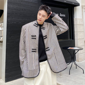 春上新中式盘扣西装外套男个性条纹潮风外套潮A452--6205--P125，男装西服套装，电商A452