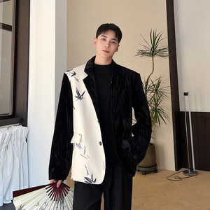 秋冬个性丝绒拼接西服外套男潮中式休闲西装潮A452--6417--P135