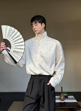 早春复古立领丝光缎面碎花长袖衬衫个性国风上衣潮A452-H137--P85