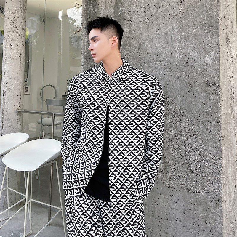 韩版月牙图案休闲长袖印花衬衫复古洋气潮流上衣A452--6229--P85，男装衬衫，电商A452