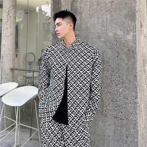 韩版月牙图案休闲长袖印花衬衫复古洋气潮流上衣A452--6229--P85，男装衬衫，电商A452