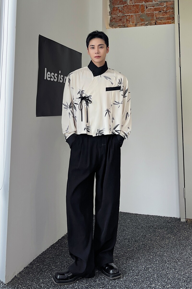 新中式交领竹叶印花长袖衬衫男女潮流风短款上衣A452--6379-P85,男装衬衫,电商A452