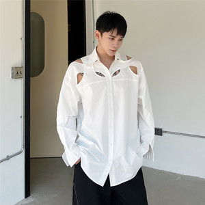 夏个性镂空设计长袖衬衫宽松复古风休闲韩版上衣潮A452--H83--P75图片