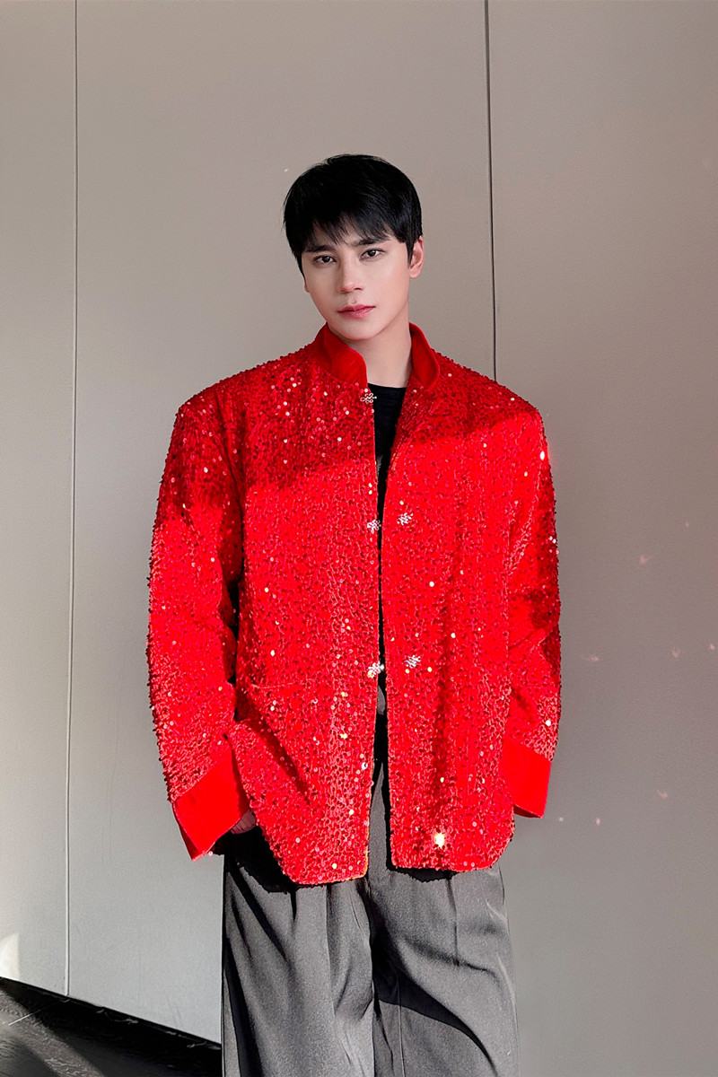早春新款新中式亮片红色西服男个性潮休闲外套A452--6470--P145,男装夹克,电商A452