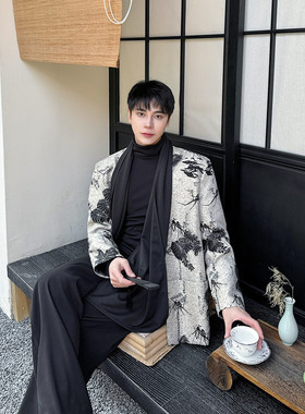 个性小众围巾款西装外套复古国风印花西服上衣A452--6475--P165