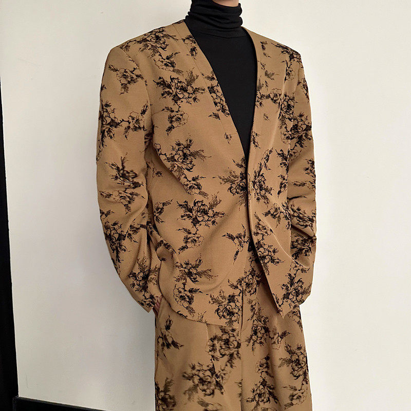新款时髦大V领西服套装个性植绒花纹复古潮流套装A452-H185--P245,男装西服,电商A452