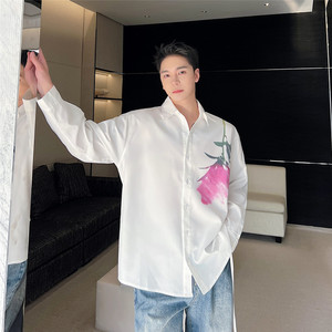 春装新款玫瑰印花长袖衬衫男休闲复古风宽松上衣潮A452--H96--P85图片