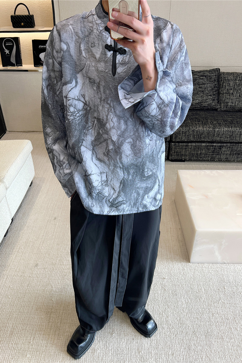 改良版新中式盘扣套头长袖潮风水墨花纹衬衫上衣A452-6350--P85,男装衬衫,电商A452