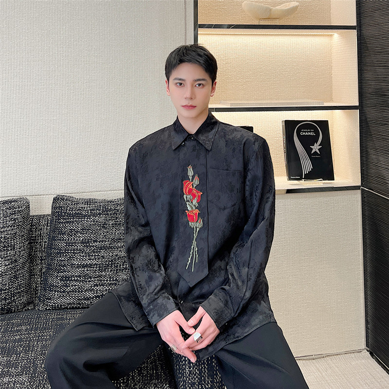 韩版潮流刺绣领带长袖上衣宽松复古风提花衬衫潮A452--6340--P85图片