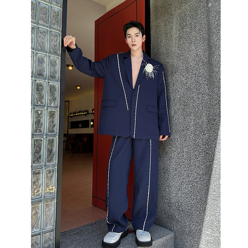 新款高级珠珠装饰休闲西服套装复古潮流西装潮A452--6541--P295,男装西服套装,电商A452