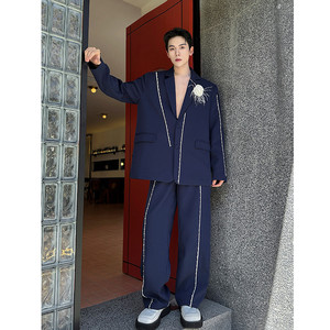新款高级珠珠装饰休闲西服套装复古潮流西装潮A452--6541--P295图片