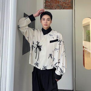 新中式交领竹叶印花长袖衬衫男女潮流风短款上衣A452--6379-P85图片