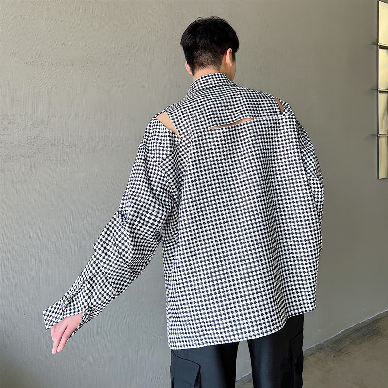 新小众设计露肩款长袖衬衫男韩版百搭千鸟格上衣A452--6238--P85,男装衬衫,电商A452