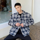 新款潮流露肩设计夹克外套复古蓝色格纹外罩上衣A452--6165--P120，男装夹克，电商A452