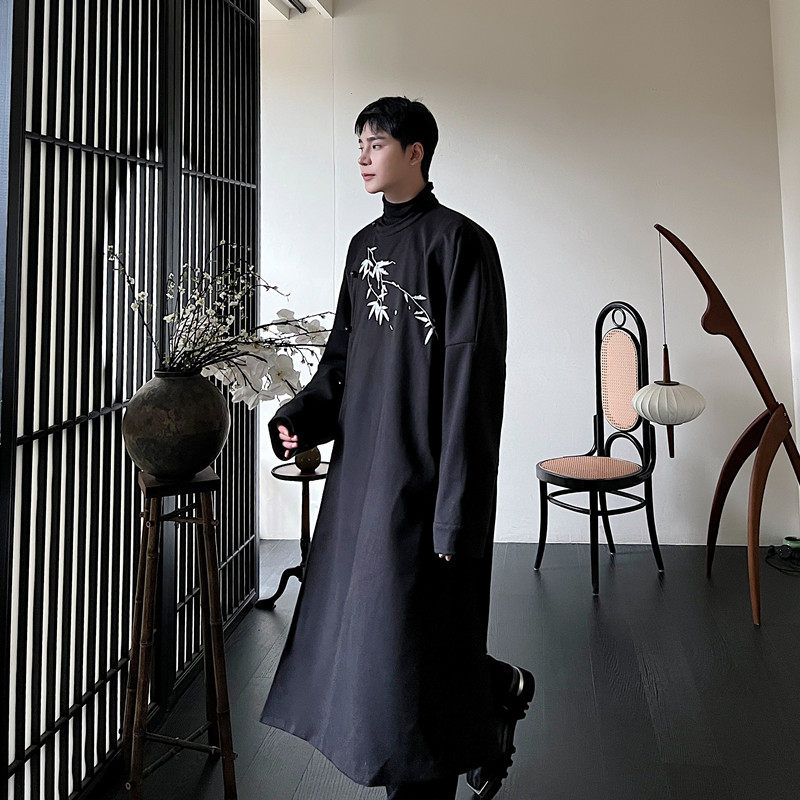 冬装新款刺绣竹叶中长款毛呢大衣新中式长款外套A452--6424--P185,男装毛呢大衣,电商A452