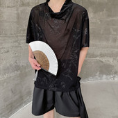 6492 夏季 P75 微透短袖 T恤A452 堆堆领套头印花休闲半袖 新中式