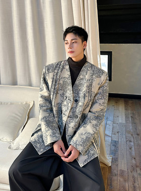 新款潮流印花V领西服外套韩版潮流气质西装上衣A452--6510--P165