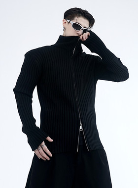 新个性暗黑风双头拉链开身毛衣休闲百搭坑条毛衫A452--MY30--P85