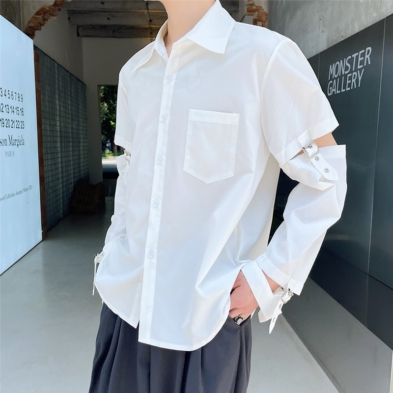 新款自制个性绑带拼接衬衫男时尚机车风长袖上衣A452--6138--P75,男装衬衫,电商A452