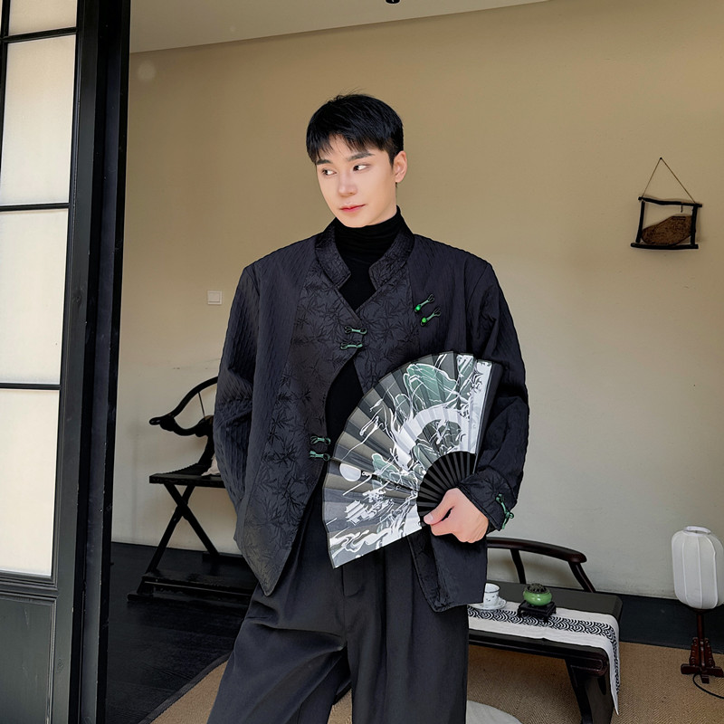 早春新中式盘扣立领西装外套拼接暗花风上衣A452--6439--P145，男装西服套装，电商A452