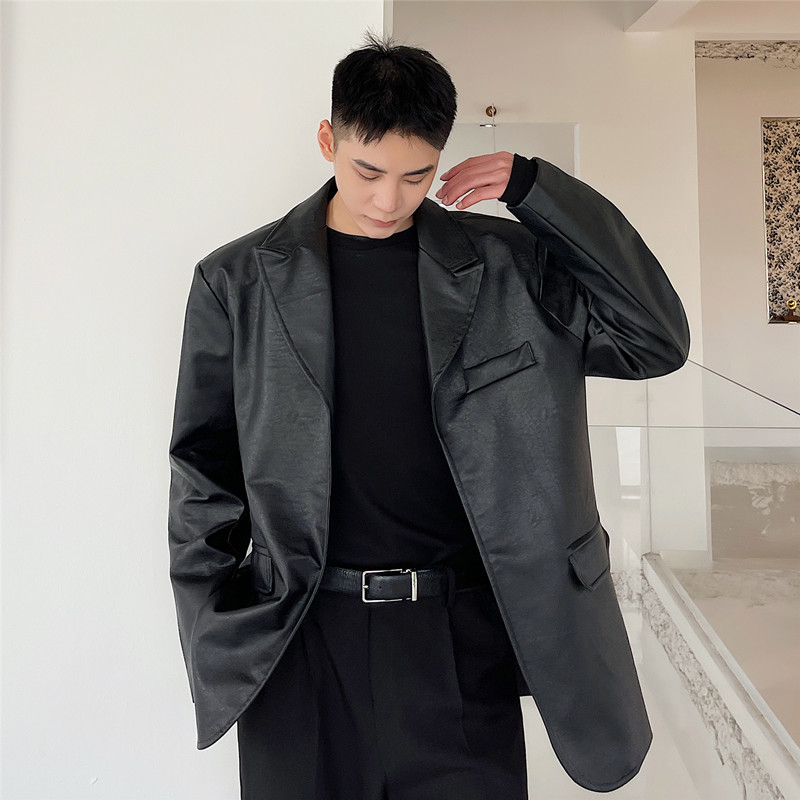 新款时尚拼接PU皮衣西服男个性可拆卸廓形外套潮A452--6199--P155,男装西服,电商A452