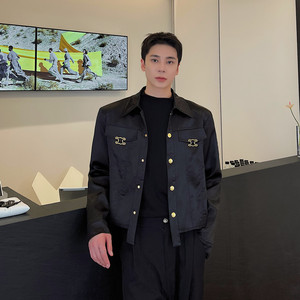 极简风短款翻领休闲夹克男轻奢帅气缎面工装外套A452--6384--P125图片