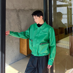 秋冬新款个性绿色PU皮夹克男时髦大口袋皮衣外套A452--6416--P145图片