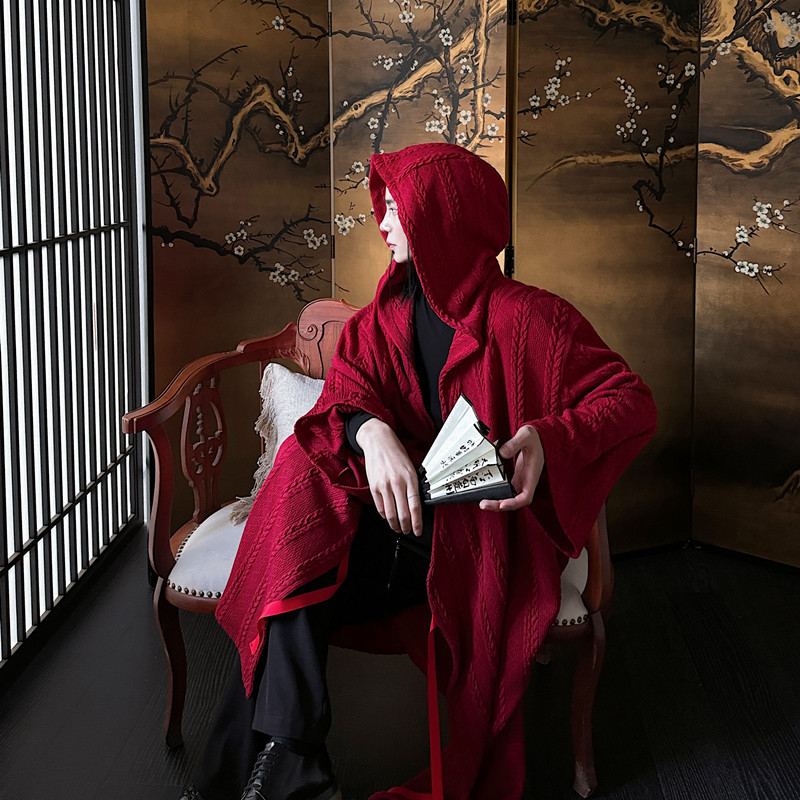复古红色连帽斗篷外套男女个性织花针织中长款风衣A452-6457-P145,男装风衣,电商A452