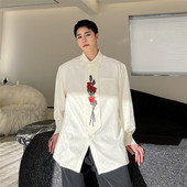 6340 新款 P85 个性 刺绣领带复古风上衣潮A452 提花翻领长袖 衬衫