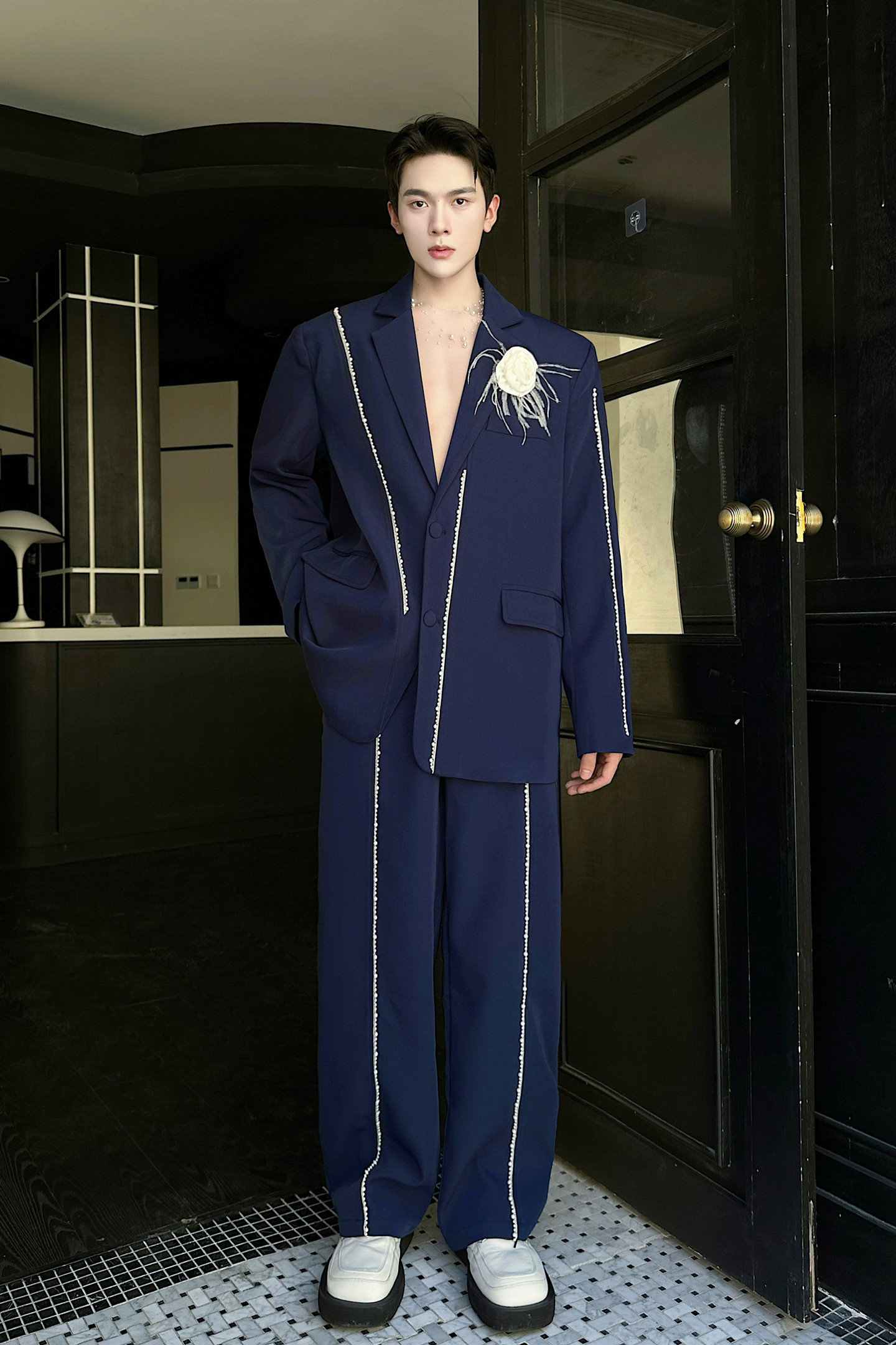 新款高级珠珠装饰休闲西服套装复古潮流西装潮A452--6541--P295,男装西服套装,电商A452