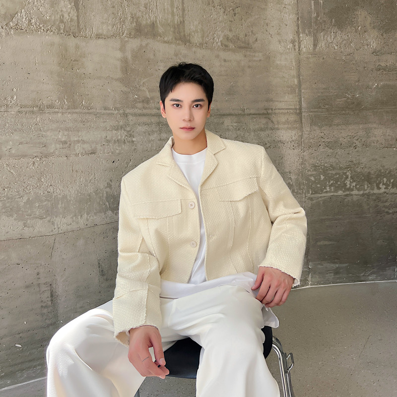 新款小香风翻领短款小西服男复古高街外套上衣潮A452--6396--P135,男装西服,电商A452
